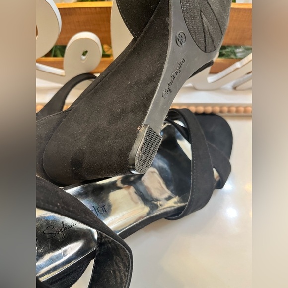 Sophia Taylor Black Low Wedge Ankle Strap Open Toe Shoes 10W - Picture 7 of 11